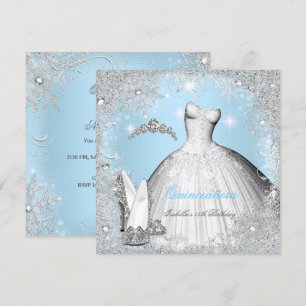Invitation Quinceanera Party Blue Silver Snowflakes