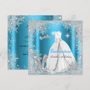 Invitation Quinceanera Party Blue Silver Winter Snowflakes