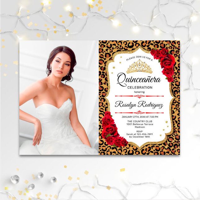 Invitation Quinceanera Party - Empreinte de léopard Red White (Créateur téléchargé)
