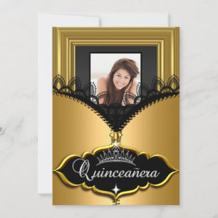 Invitation Quinceanera Party Gold Black Lace Girl Photo