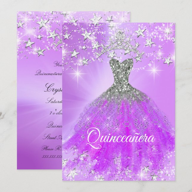 Invitation Quinceanera Party Purple Étincelle Tiara Stars (Devant / Derrière)