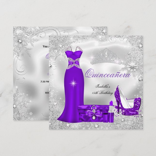 Invitation Quinceanera Party Purple Silver Snowflakes S (Devant / Derrière)