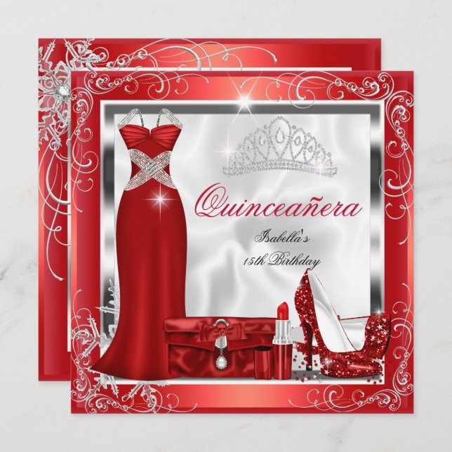 Invitation Quinceanera Party Rouge Robe Argent talons S5 (Devant / Derrière)