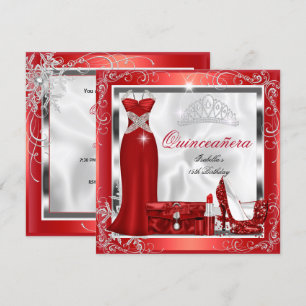 Invitation Quinceanera Party Rouge Robe Argent talons S5