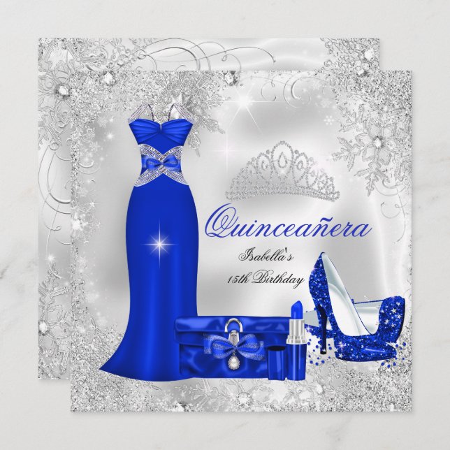 Invitation Quinceanera Party Royal Blue Silver Snowflakes S (Devant / Derrière)