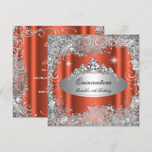 Invitation Quinceanera Party Rusty Orange Silver Tiara