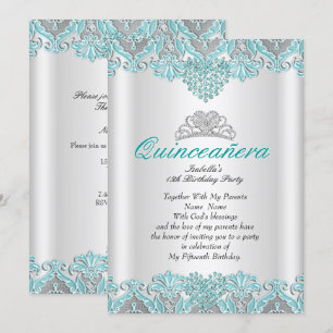 Invitation Quinceanera Party Turquoise Blue Hearts dentelle T