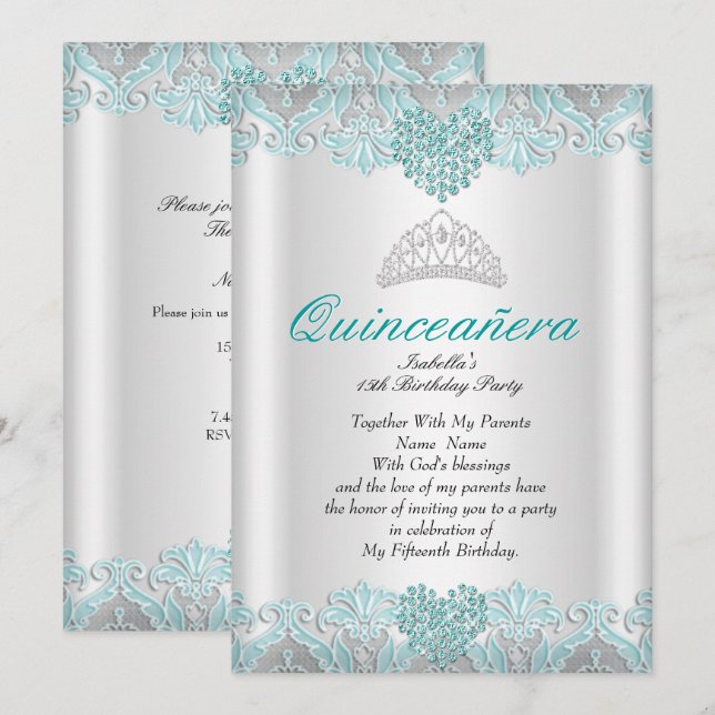 Invitation Quinceanera Party Turquoise Blue Hearts Lace Tiara (Devant / Derrière)