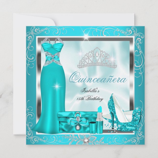 Invitation Quinceanera Party Turquoise Blue Silver Snowflakes (Devant)