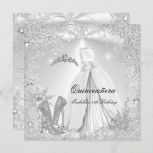 Invitation Quinceanera Party White Silver Winter Snowflakes 2