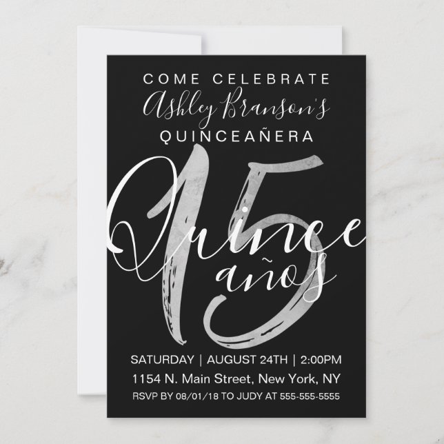 Invitation Quinceañera, petite fille noire blanche d'argent (Devant)