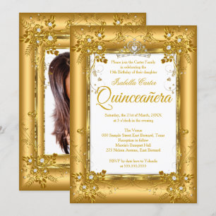 Invitation Quinceanera Photo Gold Diamond Tiara Party