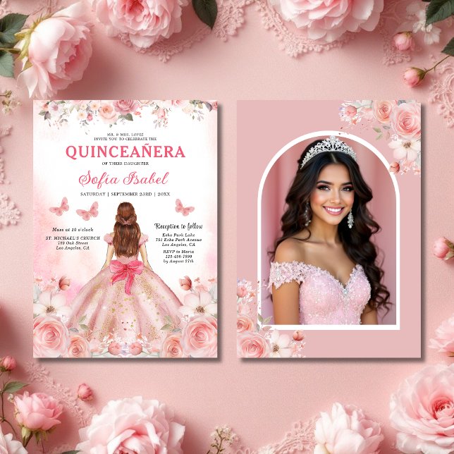 Invitation Quinceañera Photo Rose rose pâle Floral (Créateur téléchargé)
