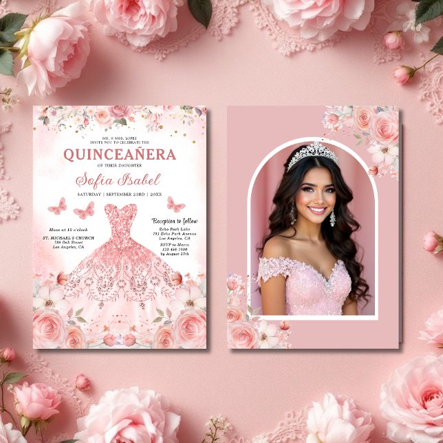 Invitation Quinceañera Photo Rose rose pâle Floral (Créateur téléchargé)