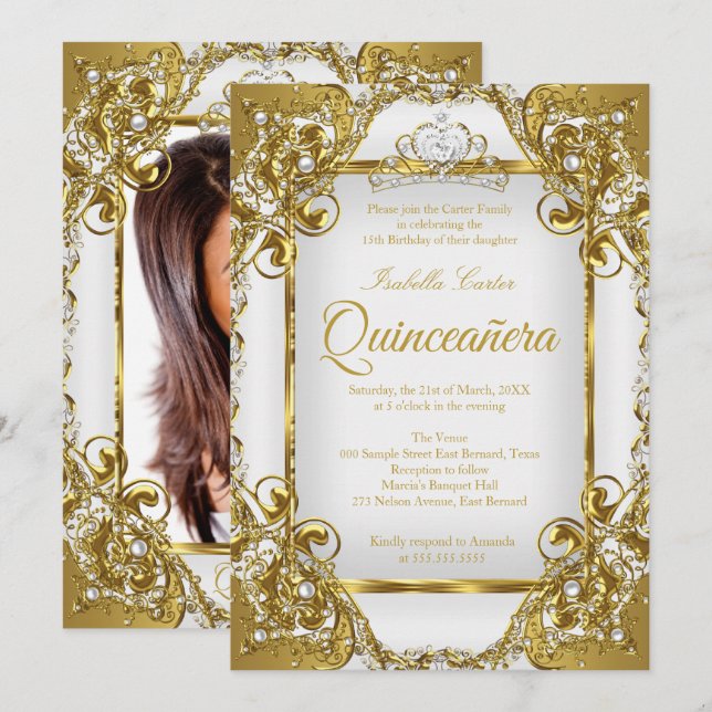 Invitation Quinceanera Photo White Golden Pearl Tiara Party (Devant / Derrière)