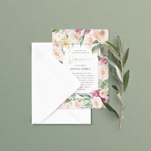Invitation Quinceañera Pink girly floral élégant anniversaire