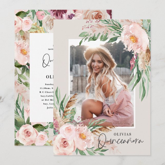 Invitation Quinceañera Pink girly floral photo anniversaire (Devant / Derrière)