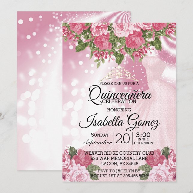 Invitation Quinceañera Pink Mauve Gown and Flowers (Devant / Derrière)