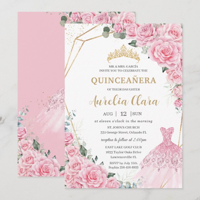Invitation Quinceanera Pink Roses Floral Princess Dress Gown (Devant / Derrière)