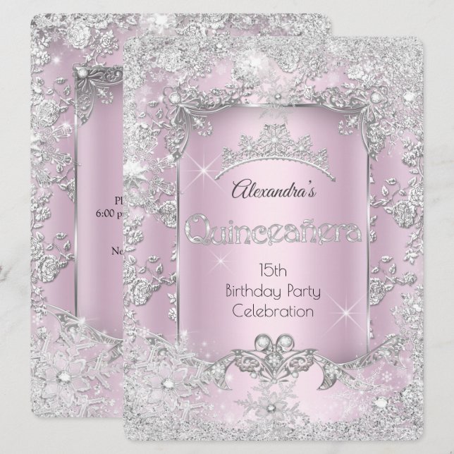 Invitation Quinceanera Pink Silver Tiara Winter Wonderland (Devant / Derrière)