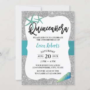 Invitation Quinceanera Plage Turquoise Starfish Moderne Argen