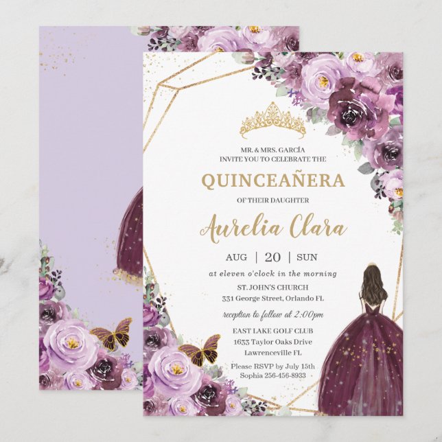 Invitation Quinceañera Plum Mauve Purple Floral Gold Princess (Devant / Derrière)
