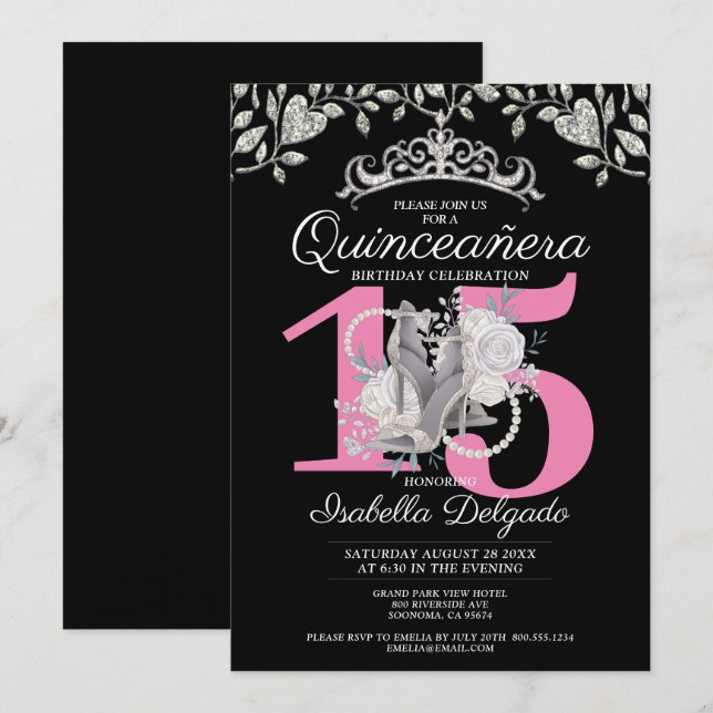 Invitation Quinceanera Princess Pink Black 15e anniversaire (Devant / Derrière)