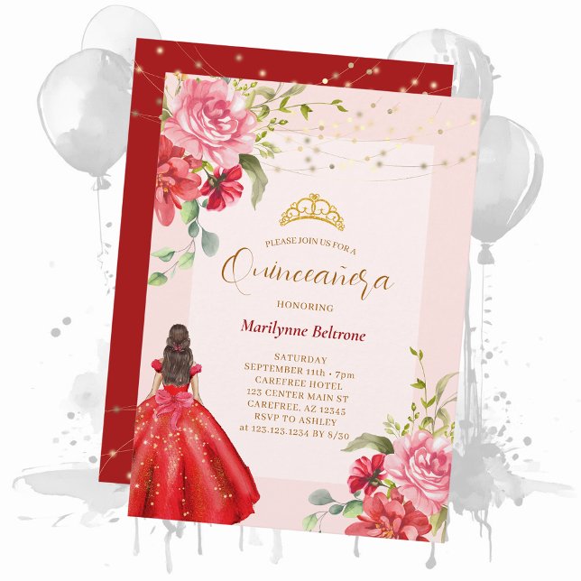 Invitation Quinceañera Princess Red Floral (Créateur téléchargé)