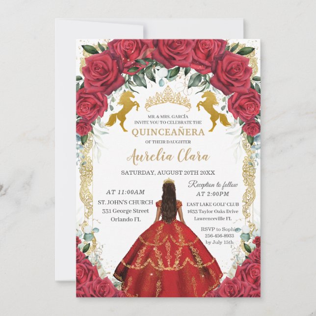 Invitation Quinceañera Princess Red Roses Floral Charro Horse (Devant)