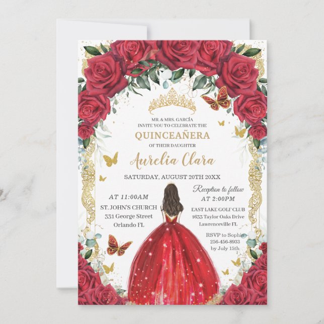 Invitation Quinceañera Princess Roses rouges Roses florales o (Devant)