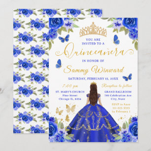 Invitation Quinceañera Princesse Bleu Royale Floral Couronne