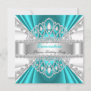Invitation Quinceanera Princesse Bleu Turquoise Blanc Diamant