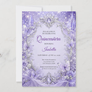 Invitation Quinceañera Princesse Fleur Argent Violet