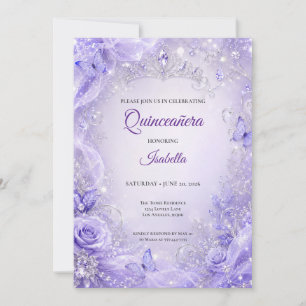 Invitation Quinceañera Princesse Fleur Argent Violet