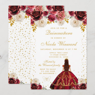 Invitation Quinceañera princesse florale rouge