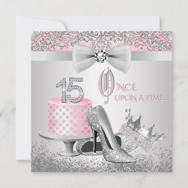 Invitation Quinceanera, princesse rose et argent (Devant)