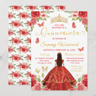 Invitation Quinceañera Princesse Rouge Floral Couronne Dorée