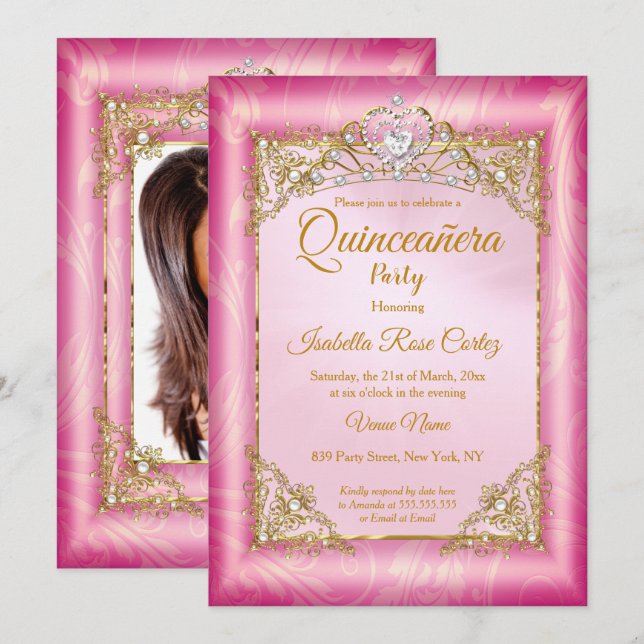 Invitation Quinceanera profonde rose Damas photo Gold Tiara (Devant / Derrière)