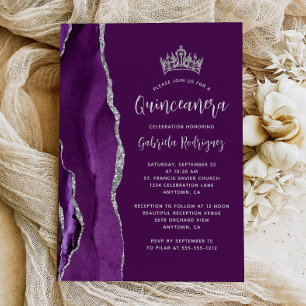 Invitation Quinceañera prune argentée agate violette