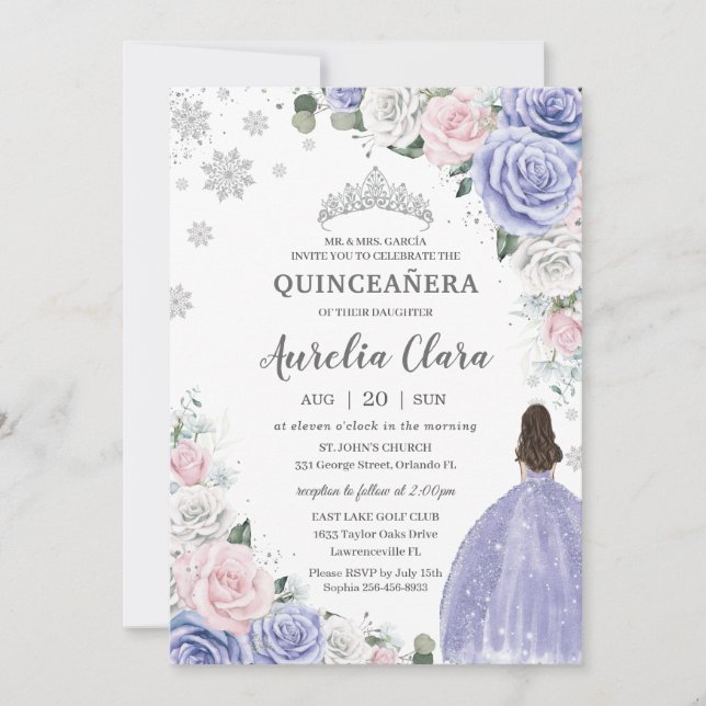 Invitation Quinceañera Purple Blanc Rose Floral Neige d'hiver (Devant)