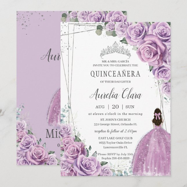 Invitation Quinceañera Purple Floral Princess Argent Annivers (Devant / Derrière)
