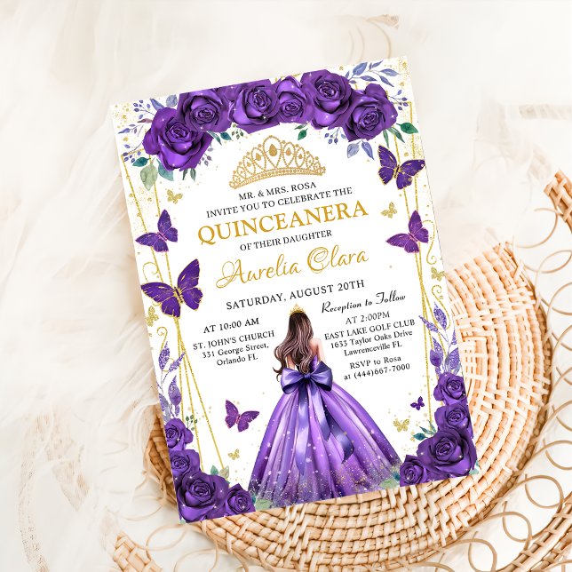 Invitation Quinceañera Purple Floral Princess Papillons (Créateur téléchargé)