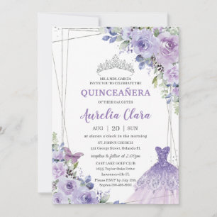 Invitation Quinceañera Purple Floral Robe Argent Tiara