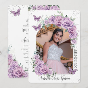 Invitation Quinceañera Purple Floral Rose Papillons photo