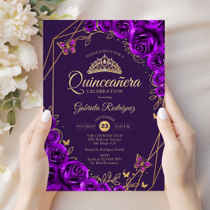 Invitation Quinceanera Purple Gold Floral