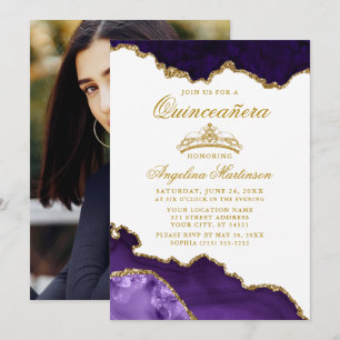 Invitation Quinceanera Purple Gold Marbre Couronne Photo