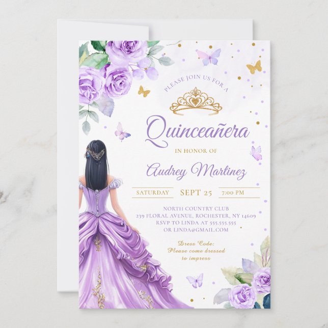 Invitation Quinceanera Purple Gold Rose Butterfly Princess (Devant)