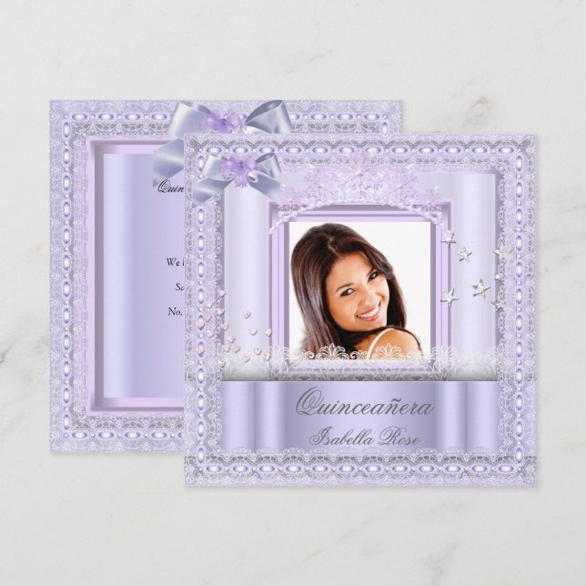 Invitation Quinceanera Purple Lace Party Photo Lilac (Devant / Derrière)