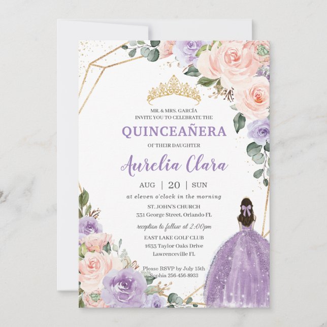 Invitation Quinceañera Purple Lavender Blush Floral Or (Devant)
