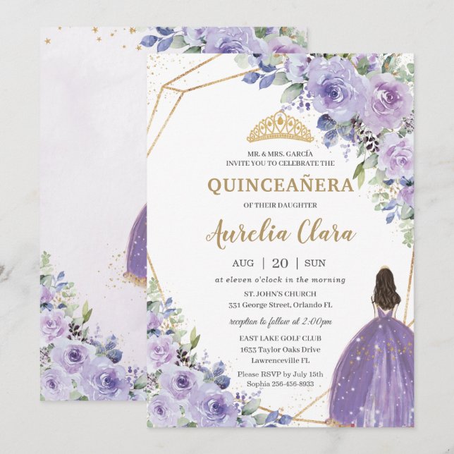Invitation Quinceañera Purple Lavender Floral Gold Princess I (Devant / Derrière)